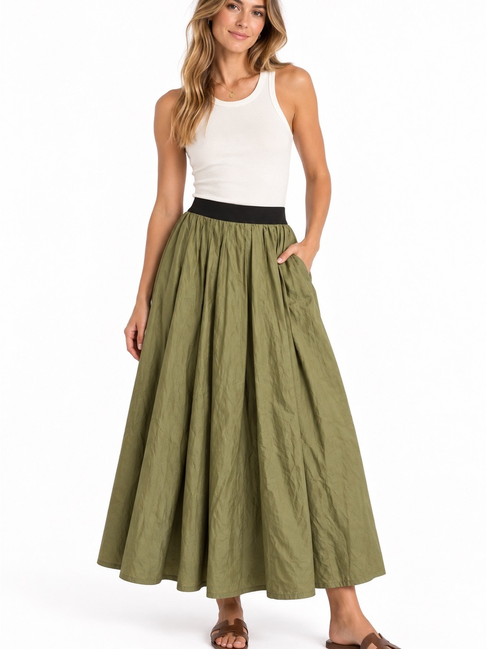 Zara Olive Green Maxi Skirt with Black Waistband